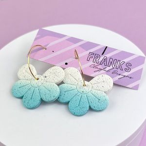 Ombré Blue Flower Handmade Polymer Clay Dangle Hoop Earrings
